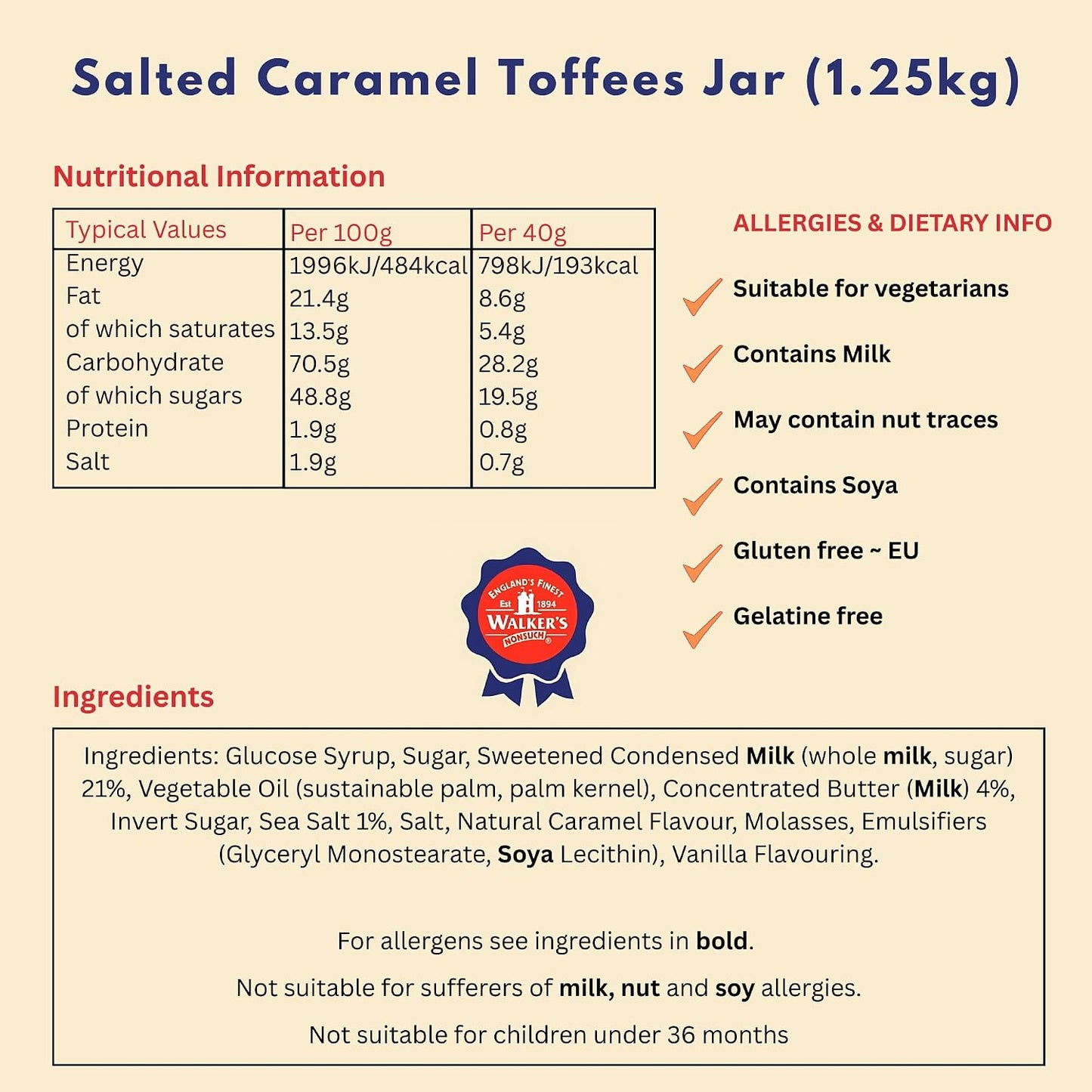 Walkers Nonsuch Salted Caramel Toffees Jar 1.25Kg (44.09 Oz) – Sweet and Salty Caramel Toffee Individually Wrapped