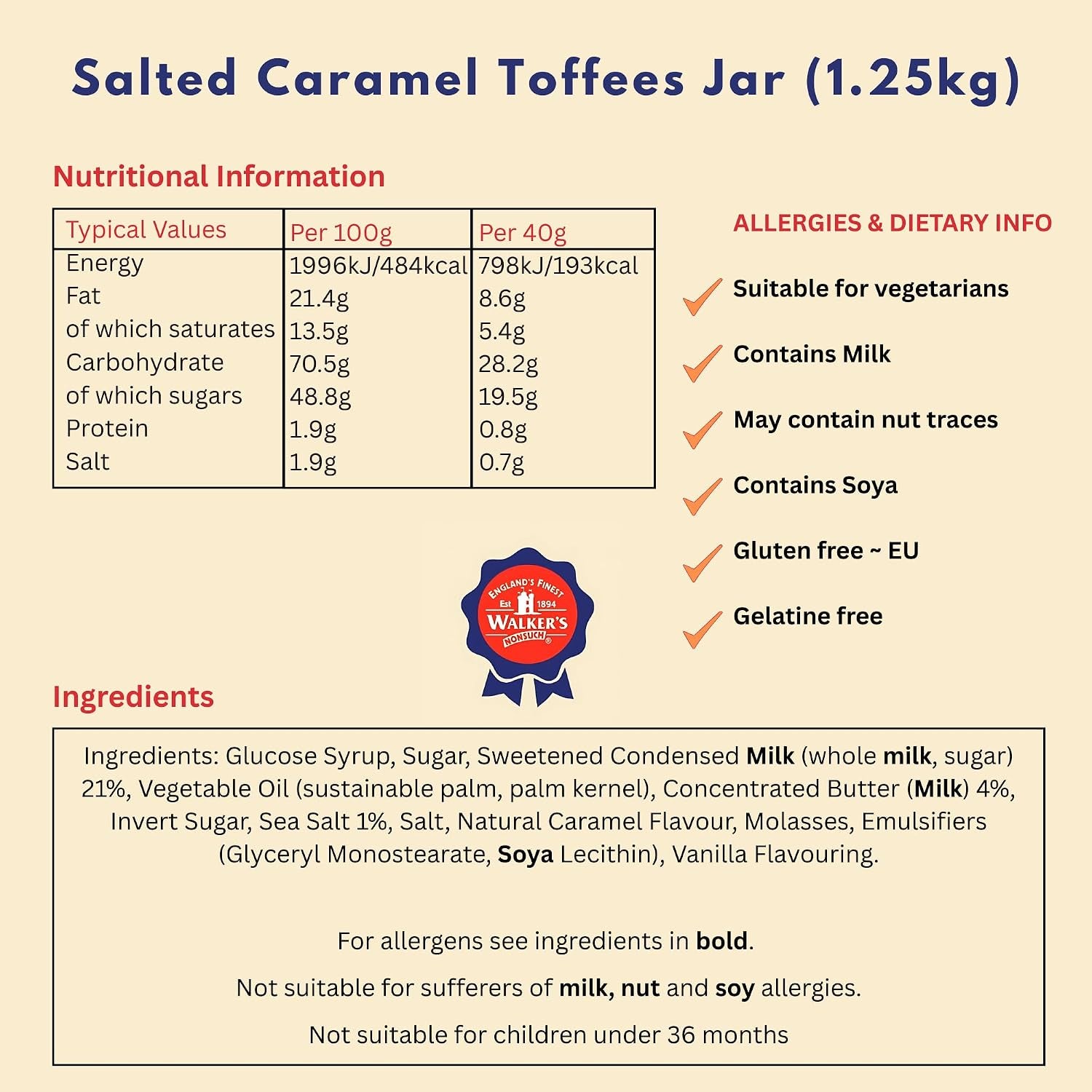 Walkers Nonsuch Salted Caramel Toffees Jar 1.25Kg (44.09 Oz) – Sweet and Salty Caramel Toffee Individually Wrapped