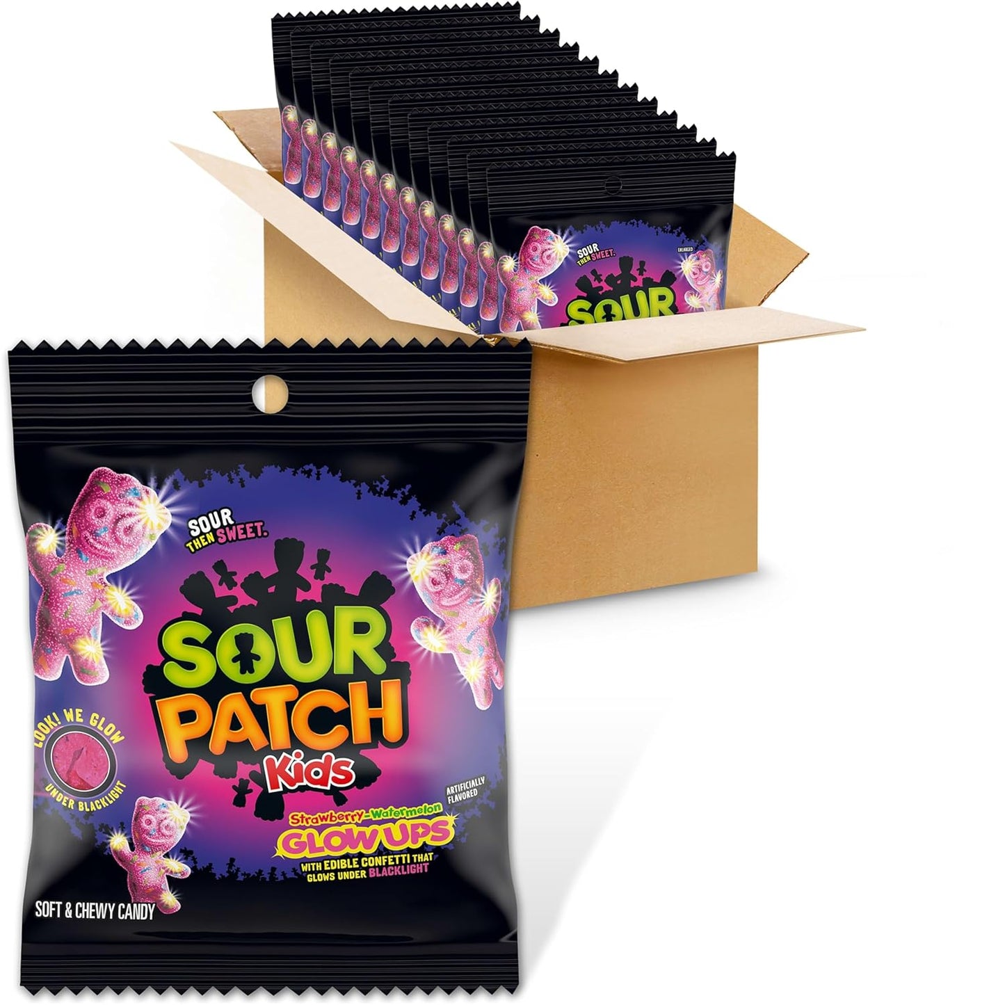 SOUR PATCH KIDS Glow Ups Strawberry-Watermelon Soft & Chewy Gummy Candy, Bulk Candy, 12-3.08 Oz Bags