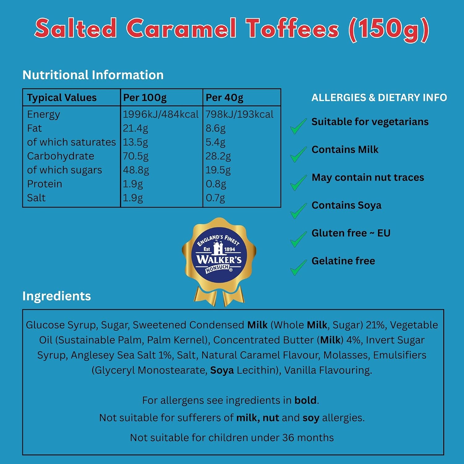 Walkers Nonsuch Salted Caramel Toffees Bag 5.29 Oz (150G) - British Chewy Butter Toffee Candy