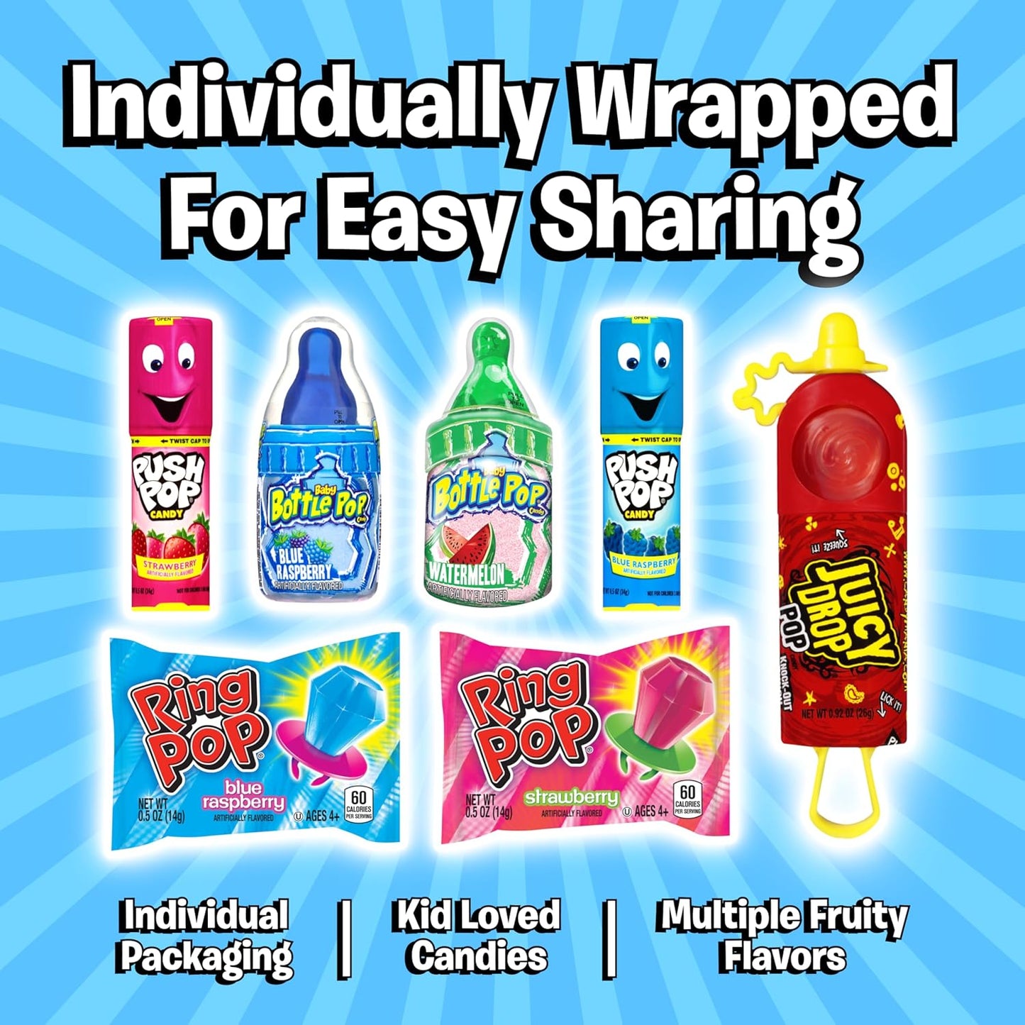 Candy Variety Pack, 18 Count Assorted Lollipops | Ring Pop, Push Pop, Baby Bottle Pop & Juicy Drop