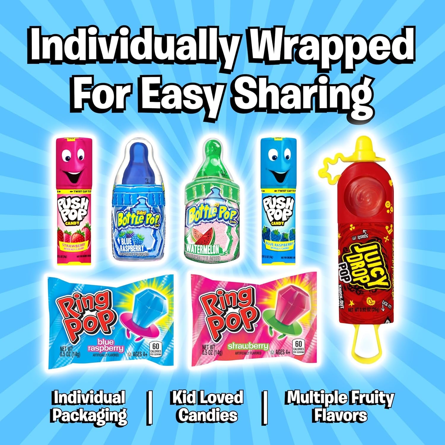 Candy Variety Pack, 18 Count Assorted Lollipops | Ring Pop, Push Pop, Baby Bottle Pop & Juicy Drop