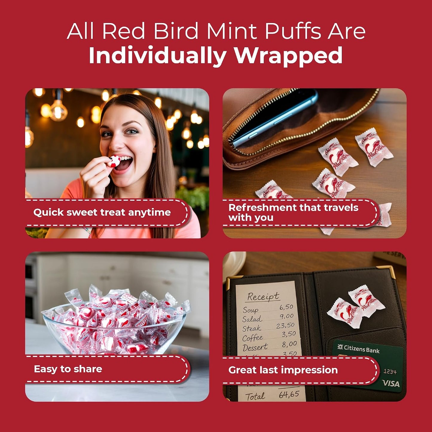 Red Bird Soft Peppermint Candy Mint Puffs, No Red Dye, 52 Oz Tub