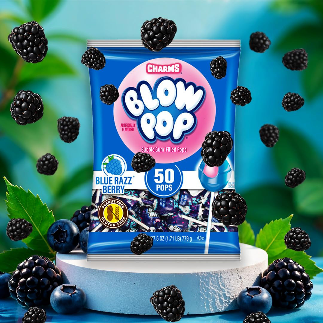 Charms Blow Pop Single Flavor Bag, Blue Raspberry, 50 Count (Pack of 1)