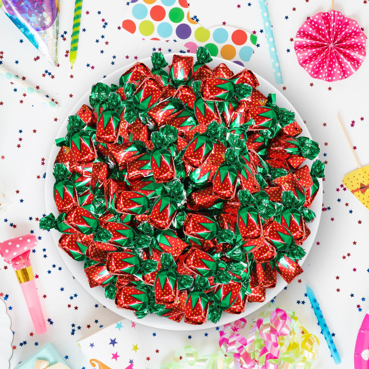 Strawberry Filled Hard Candy Bon Bons 2 Lbs Bulk Pack - Individually Wrapped Fruit-Filled Candy, Classic Strawberry Hard Candy for Office Treats, Parties, and Snacks