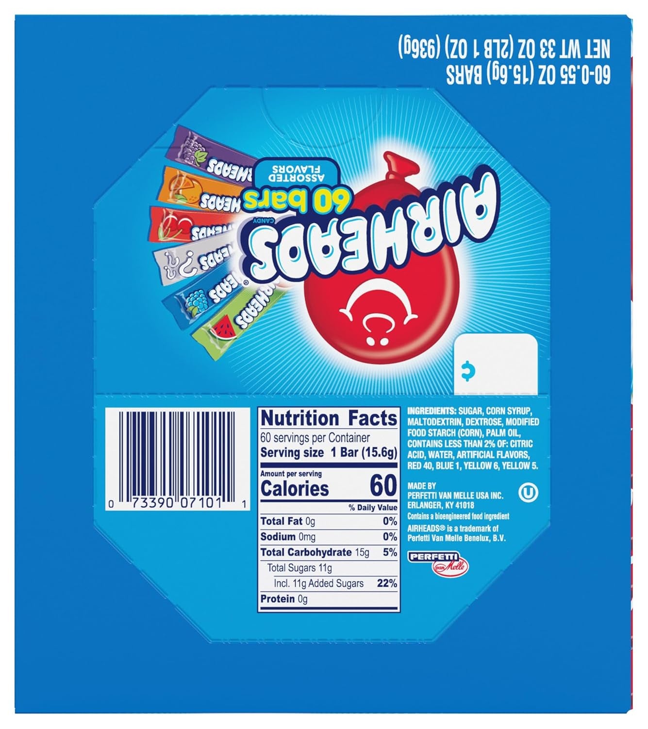 Airheads Full-Size Candy Bars, Taffy Candy Bulk Variety Pack, Individually Wrapped, 60 Count Box