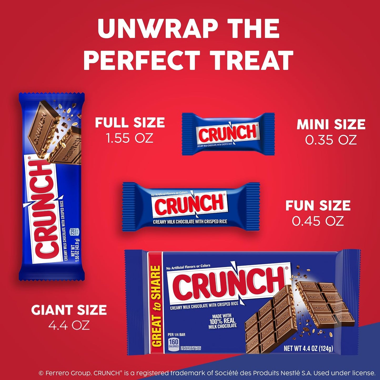 CRUNCH Full-Size Candy Bar, Creamy Milk Chocolate with Crunchy Crisped Rice, 36 Individually Wrapped Bars