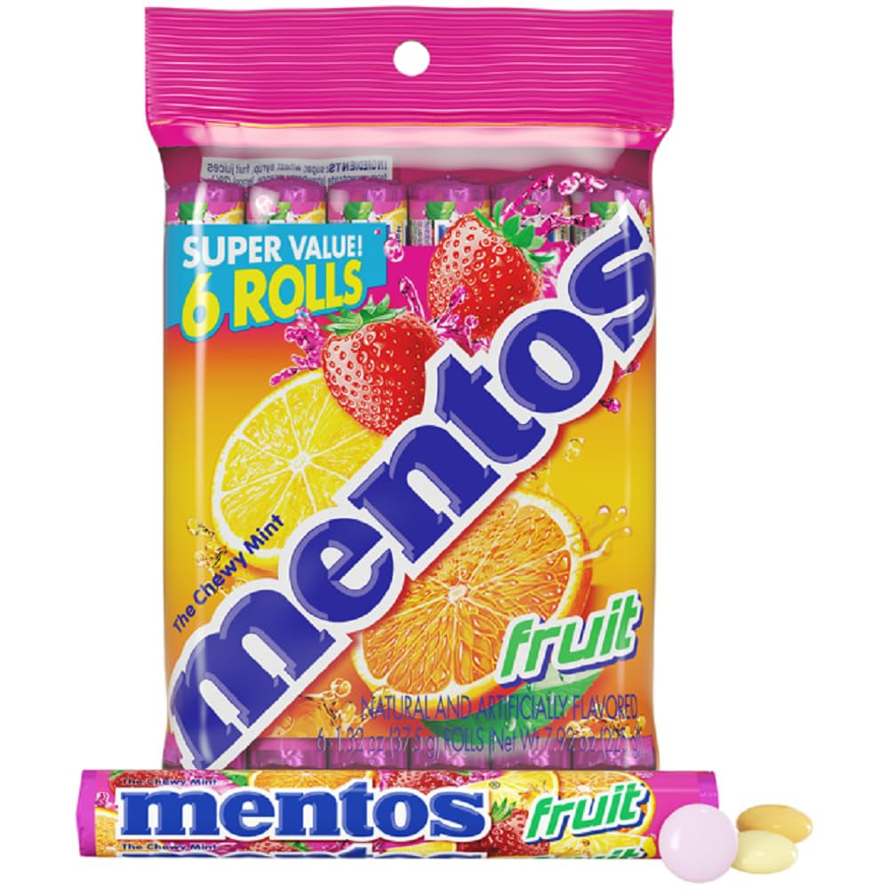 Mentos Fruit Chewy Mint Candy Roll, Mixed Fruit Flavors, 14 Pieces per Roll (Pack of 6) 