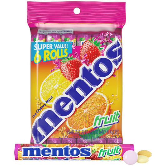 Mentos Fruit Chewy Mint Candy Roll, Mixed Fruit Flavors, 14 Pieces per Roll (Pack of 6) 