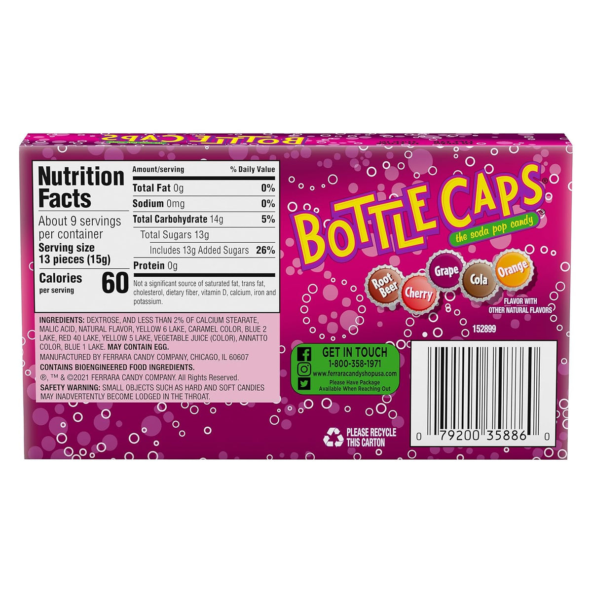 Bottle Caps Fizzy Soda Pop Hard Candy, Theater Box, 5 Oz, 10 Pk