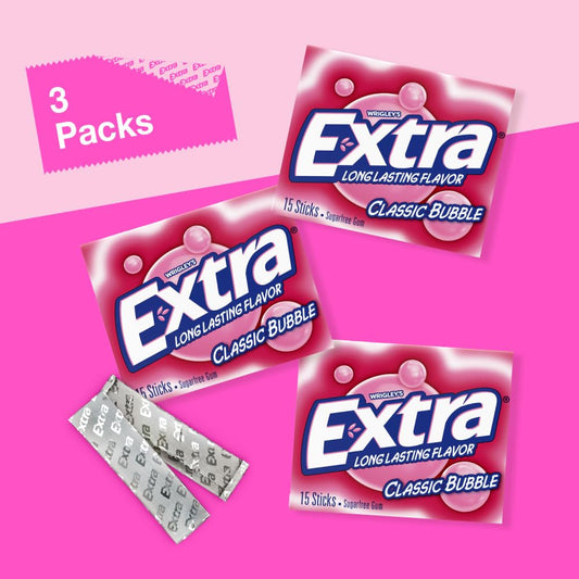 EXTRA Classic Bubble Gum, Sugar Free Chewing Gum, 3 Pack, 15 Sticks