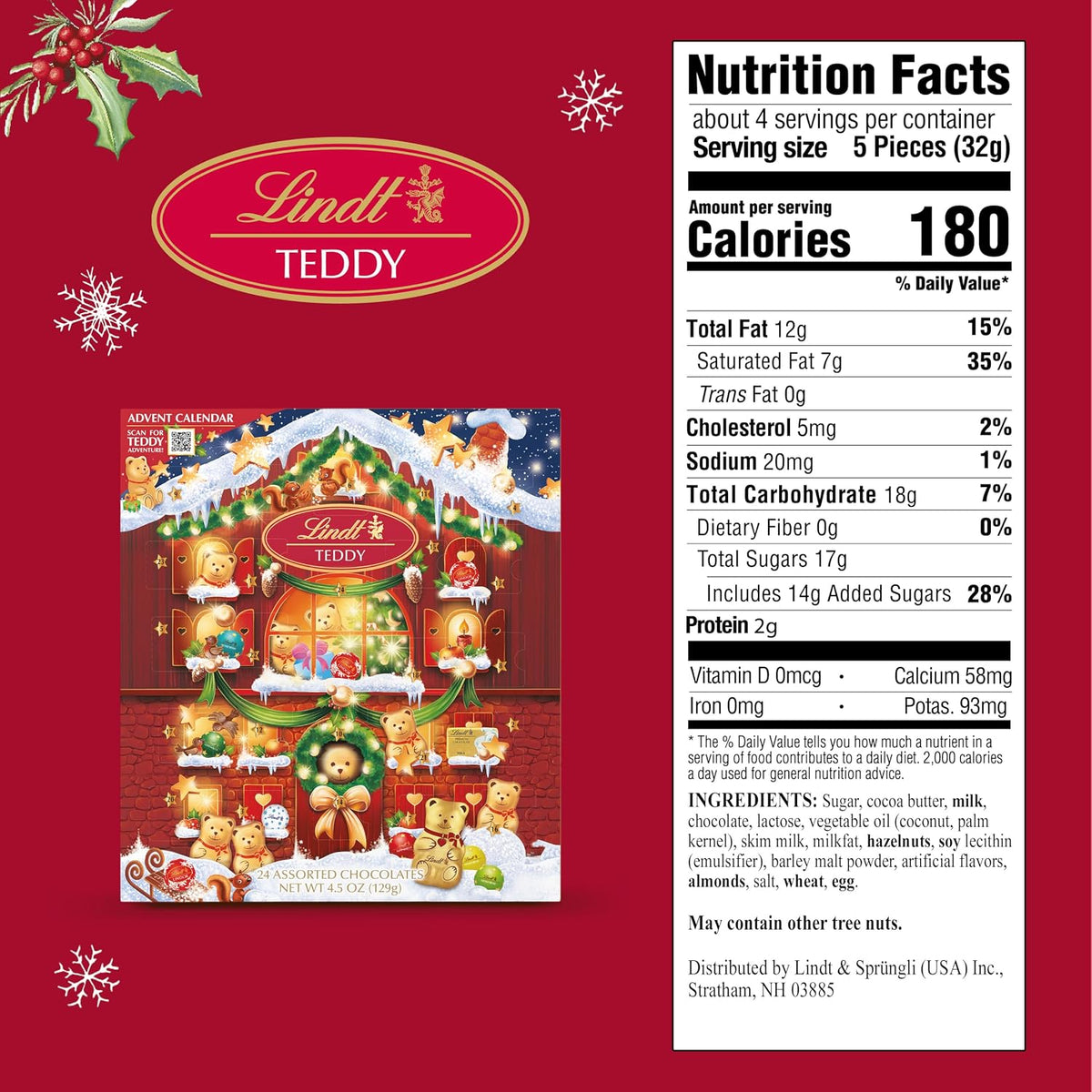 Lindt TEDDY Assorted Chocolate Candy Christmas Advent Calendar, 4.5 Oz. Box