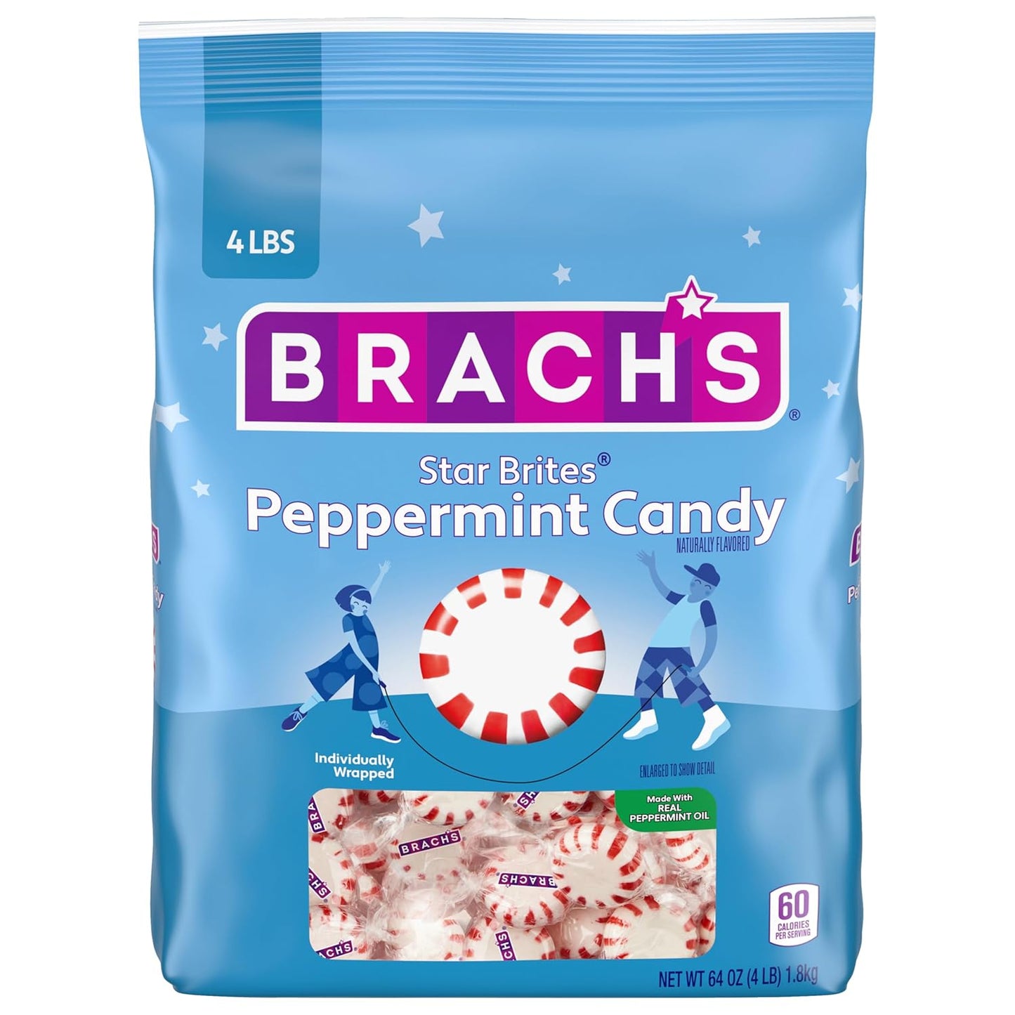 Brach's Star Brites, Peppermint, Individually Wrapped, Made with Real Peppermint Oil, 64Oz