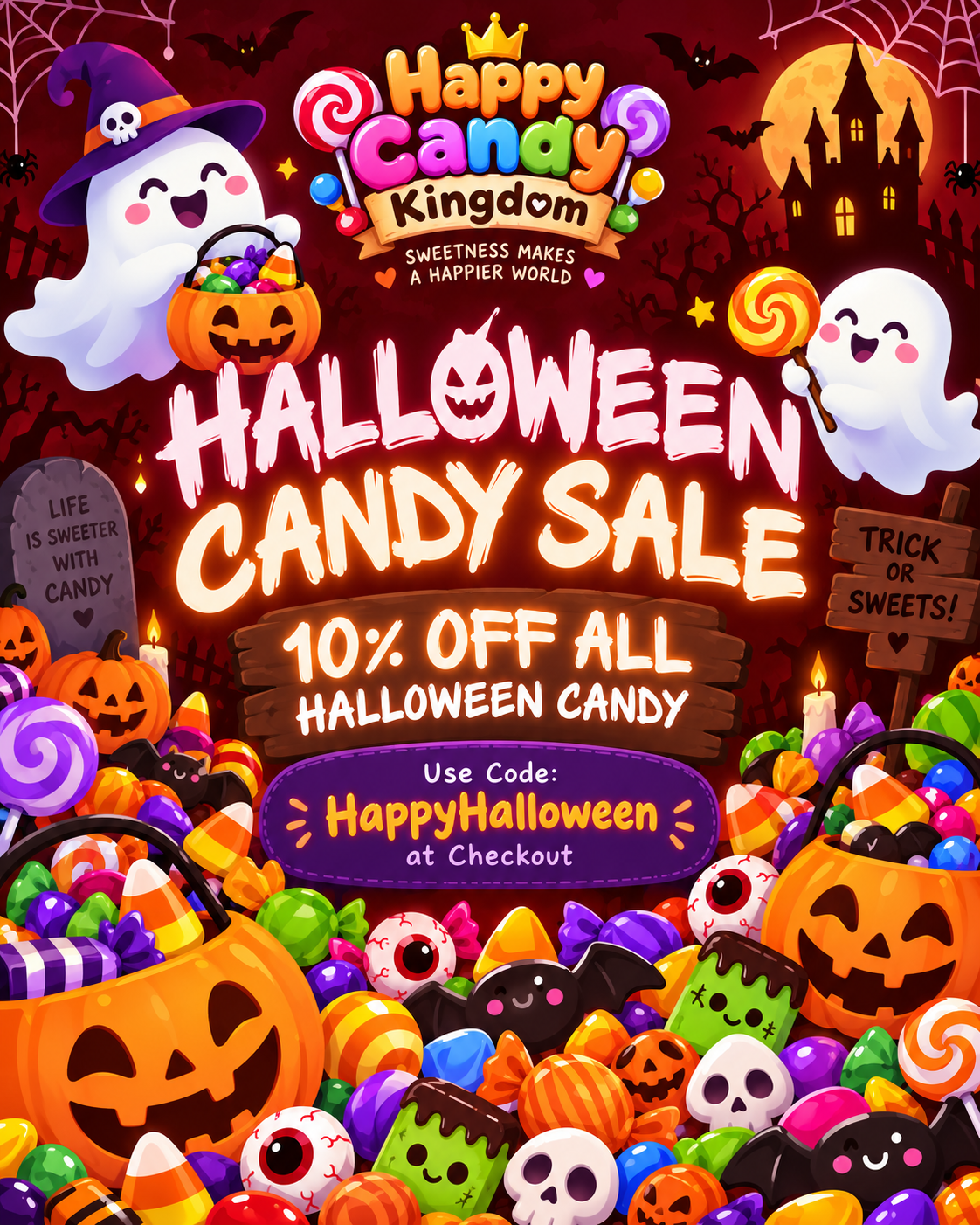 A festive Halloween promotional graphic for Happy Candy Kingdom, featuring large text reading 'Halloween Candy Sale' and '10% Off All Halloween Candy,' with a coupon code 'HappyHalloween at Checkout.' The scene is filled with candy corn, jack-o'-lanterns, ghosts, a witch hat, a haunted house, and assorted sweets on a dark red background.