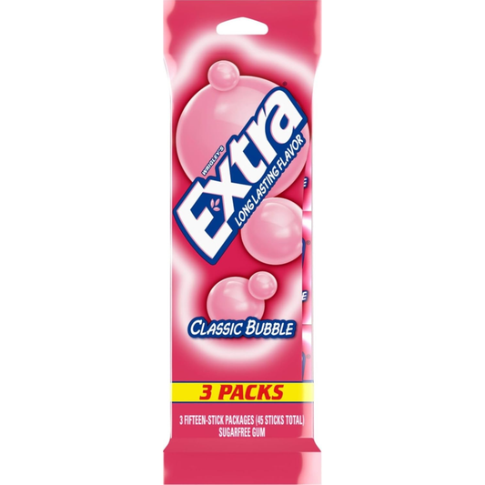 EXTRA Classic Bubble Gum, Sugar Free Chewing Gum, 3 Pack, 15 Sticks