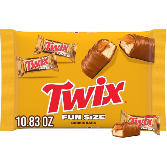 Twix Fun Size cookie bars in a bright yellow package, showing the large red Twix logo and images of chocolate-coated cookie bars on a white background.