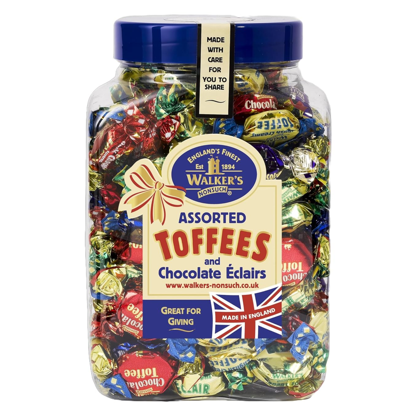 A large clear plastic jar filled with assorted wrapped toffees and chocolate éclairs, sealed with a dark blue lid. The front label reads Walker's Assorted Toffees and Chocolate Éclairs, with colorful foil wrappers visible throughout.