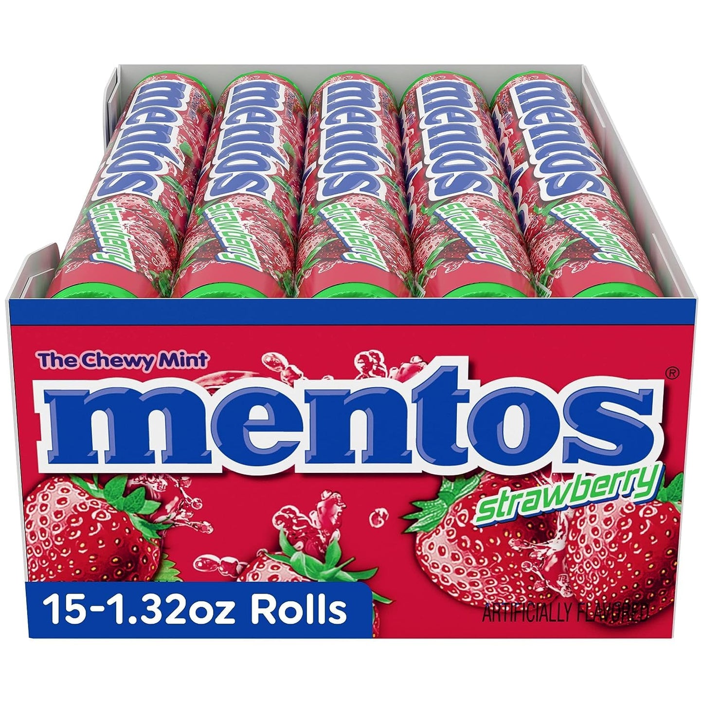Mentos Chewy Mint Candy Roll, Strawberry, 14 Pieces per Roll, 15 Count Pack