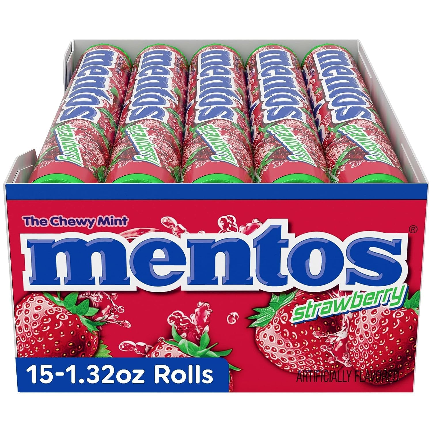 Mentos Chewy Mint Candy Roll, Strawberry, 14 Pieces per Roll, 15 Count Pack