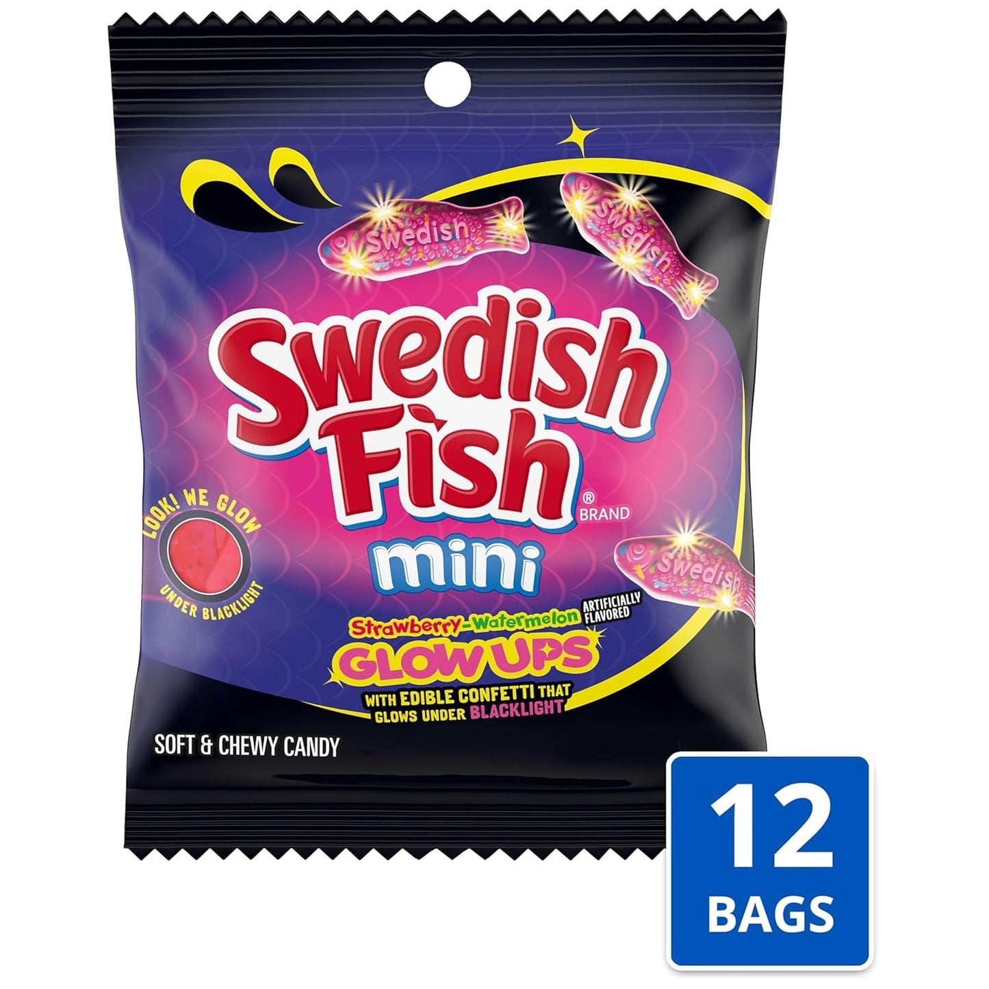SWEDISH FISH Mini Glow Ups Strawberry-Watermelon Soft & Chewy Gummy Candy, 12-3.08 Oz Bags