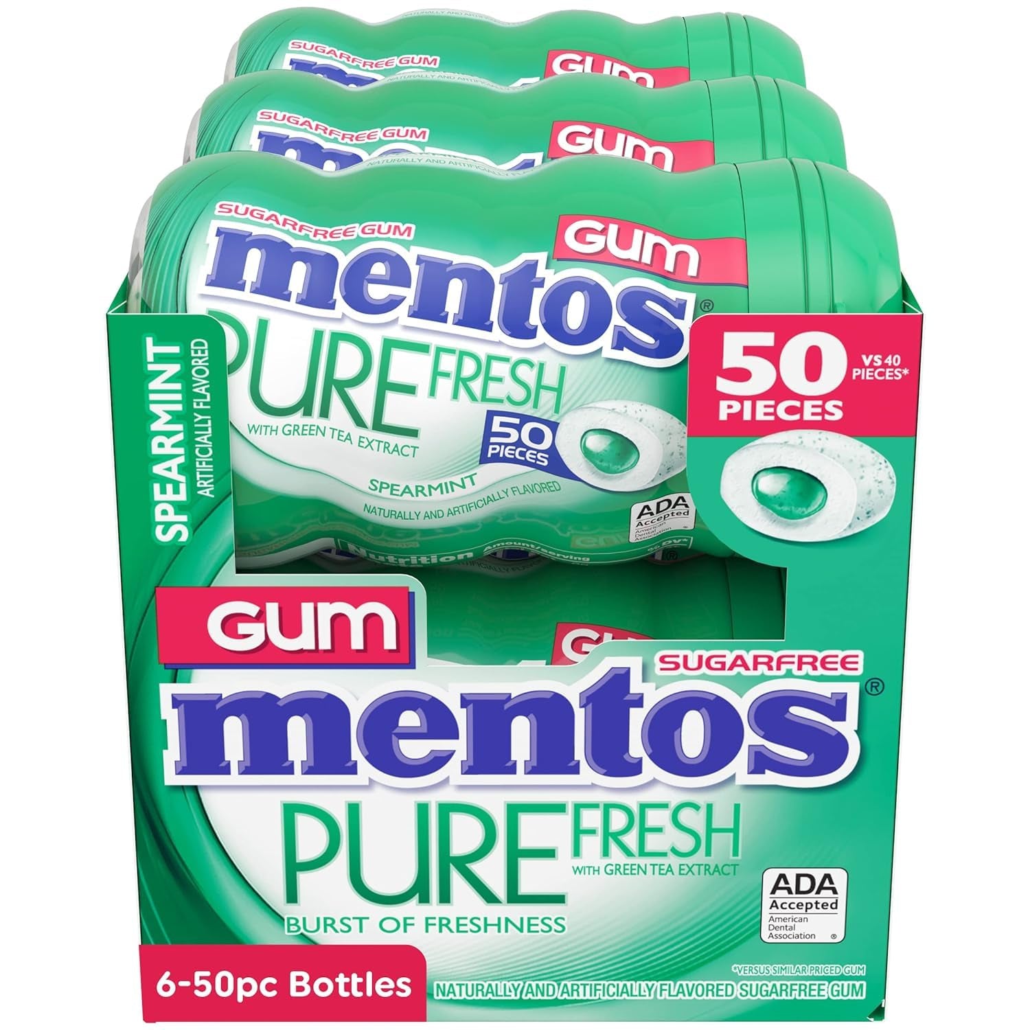 Mentos Pure Fresh Sugar Free Gum, Spearmint, 50 Piece Bottle (6 Pack)