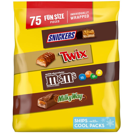 Mars Snickers, M&M'S Milk Chocolate, Milky Way & Twix Fun Size Chocolate Candy Variety Pack 75 Ct Bag