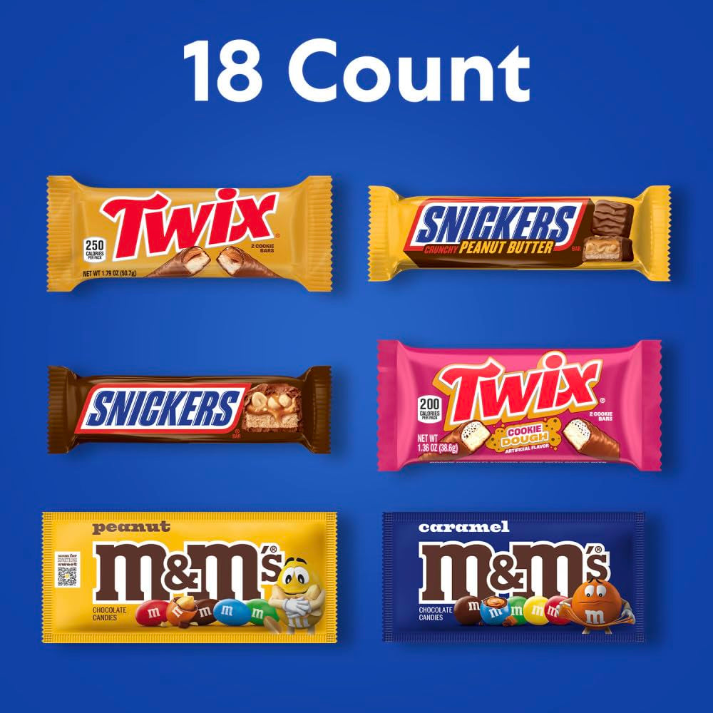 M&M'S Peanut, M&M'S Caramel, SNICKERS Original, SNICKERS Peanut Butter, TWIX Original and TWIX Salted Caramel Full Size 18 Ct Box