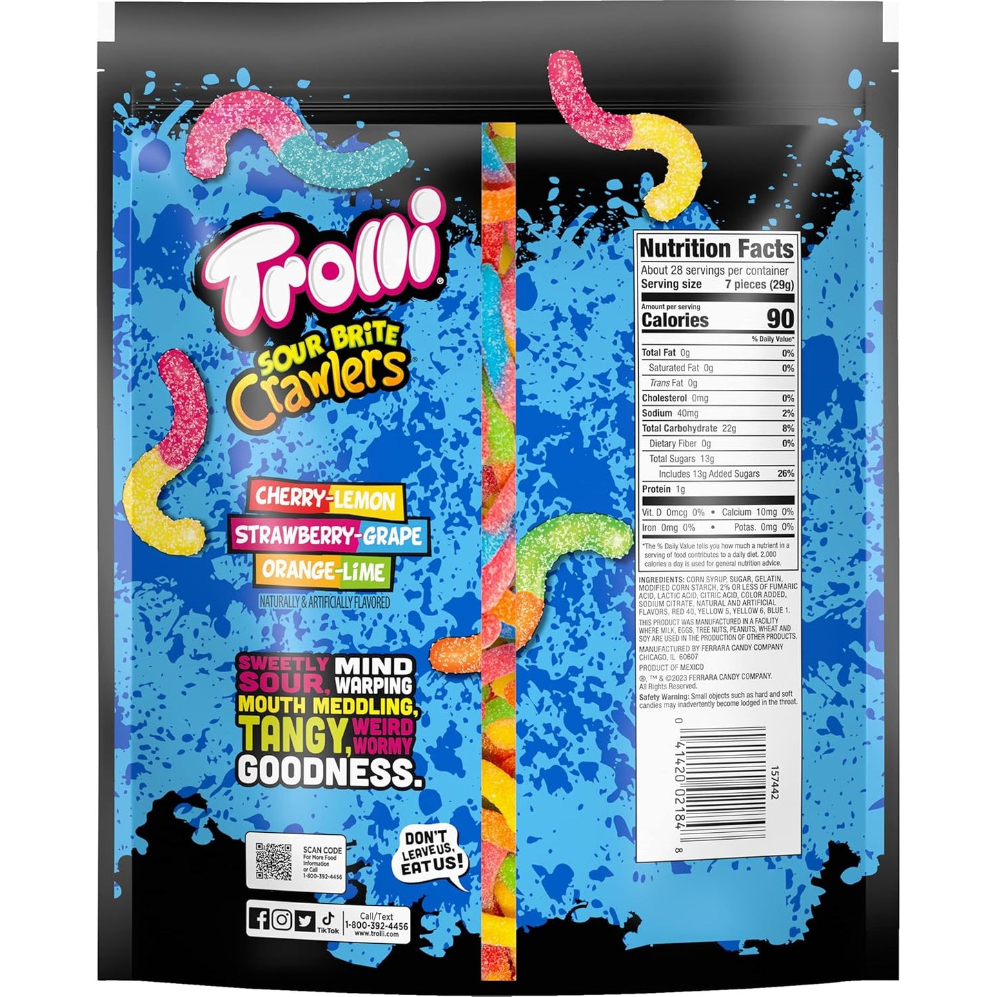 Trolli Sour Brite Crawlers, Candy, Cherry-Lemon, Strawberry-Grape & Orange-Lime, Sweet and Sour, Gummy Worms, Halloween Treat, 28.8 Oz