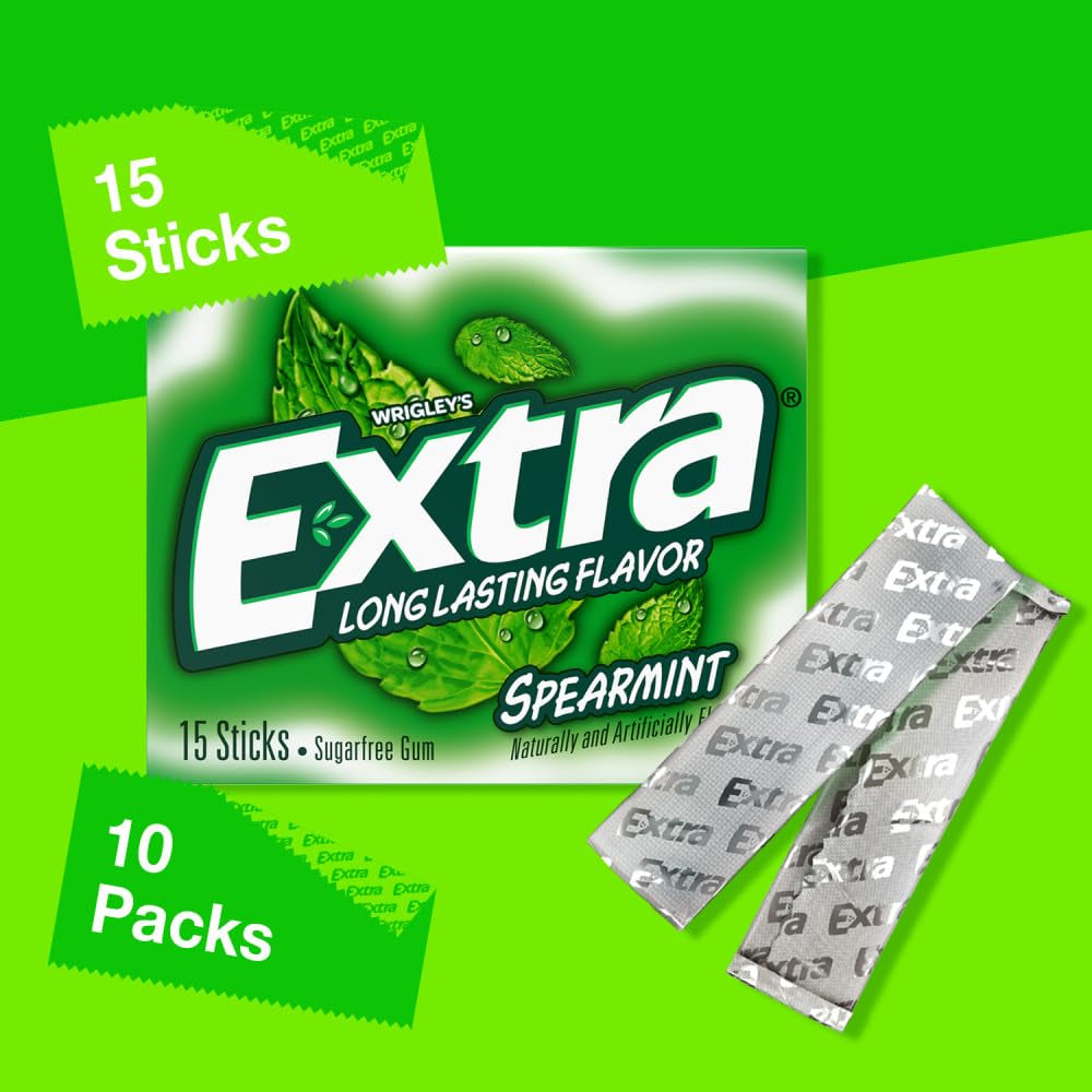 Extra Gum Spearmint Sugarfree Gum Bulk, Individually Wrapped, 15 Count, Pack of 10