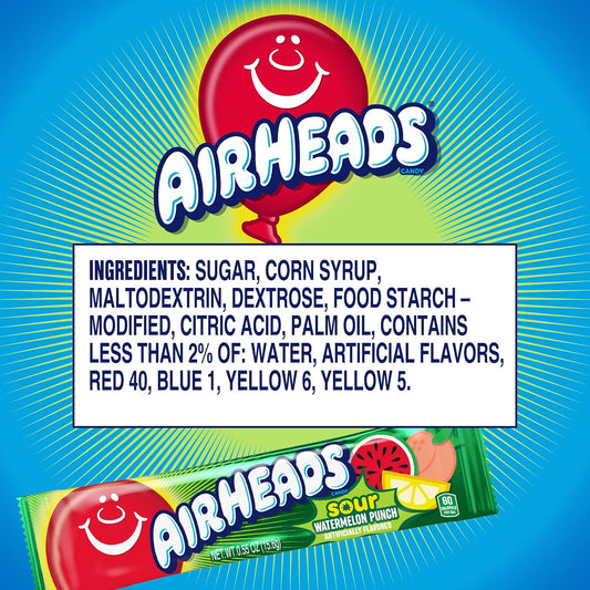 Airheads SOUR Candy Bars, Sour Watermelon Punch Flavored, Bulk, Pack of 36 Bars.