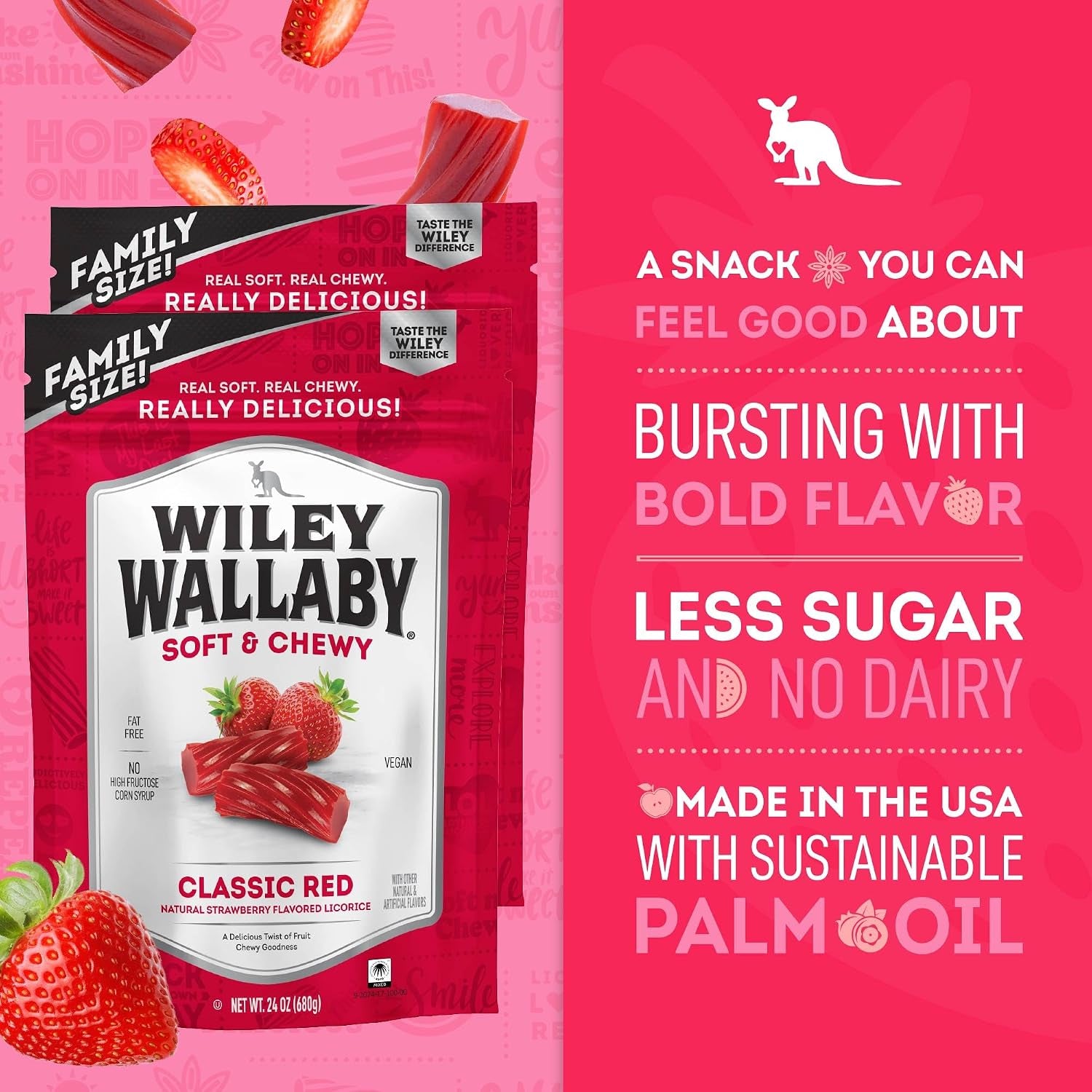 Wiley Wallaby Classic Red Strawberry Licorice Candy, Soft & Chewy, 24Oz, 2Pk
