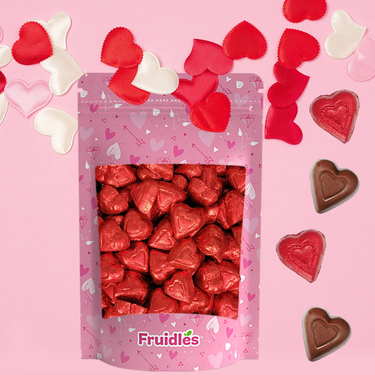 Half Pound Fruidles Valentine's Day Milk Chocolate Hearts, Red Individually Wrapped Foils