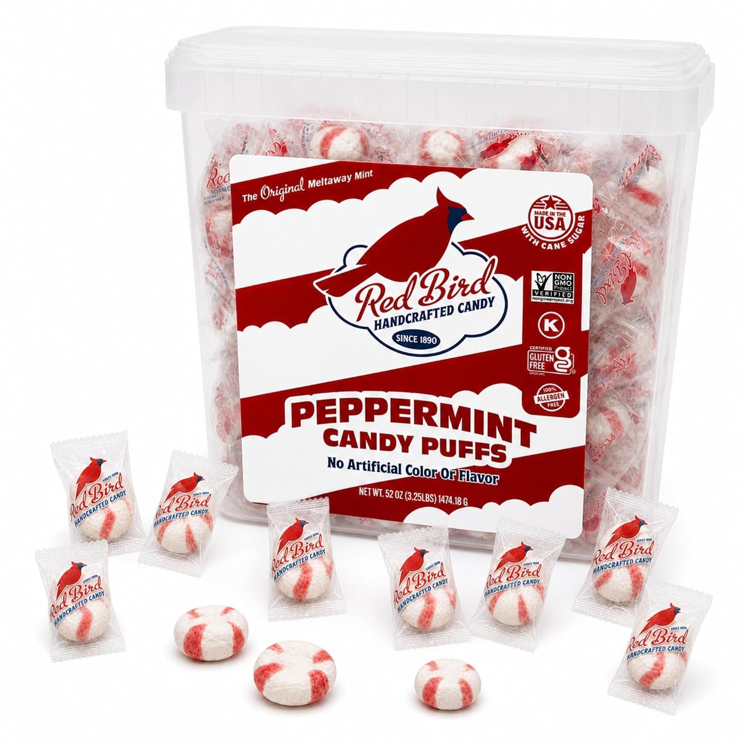 Red Bird Soft Peppermint Candy Mint Puffs, No Red Dye, 52 Oz Tub