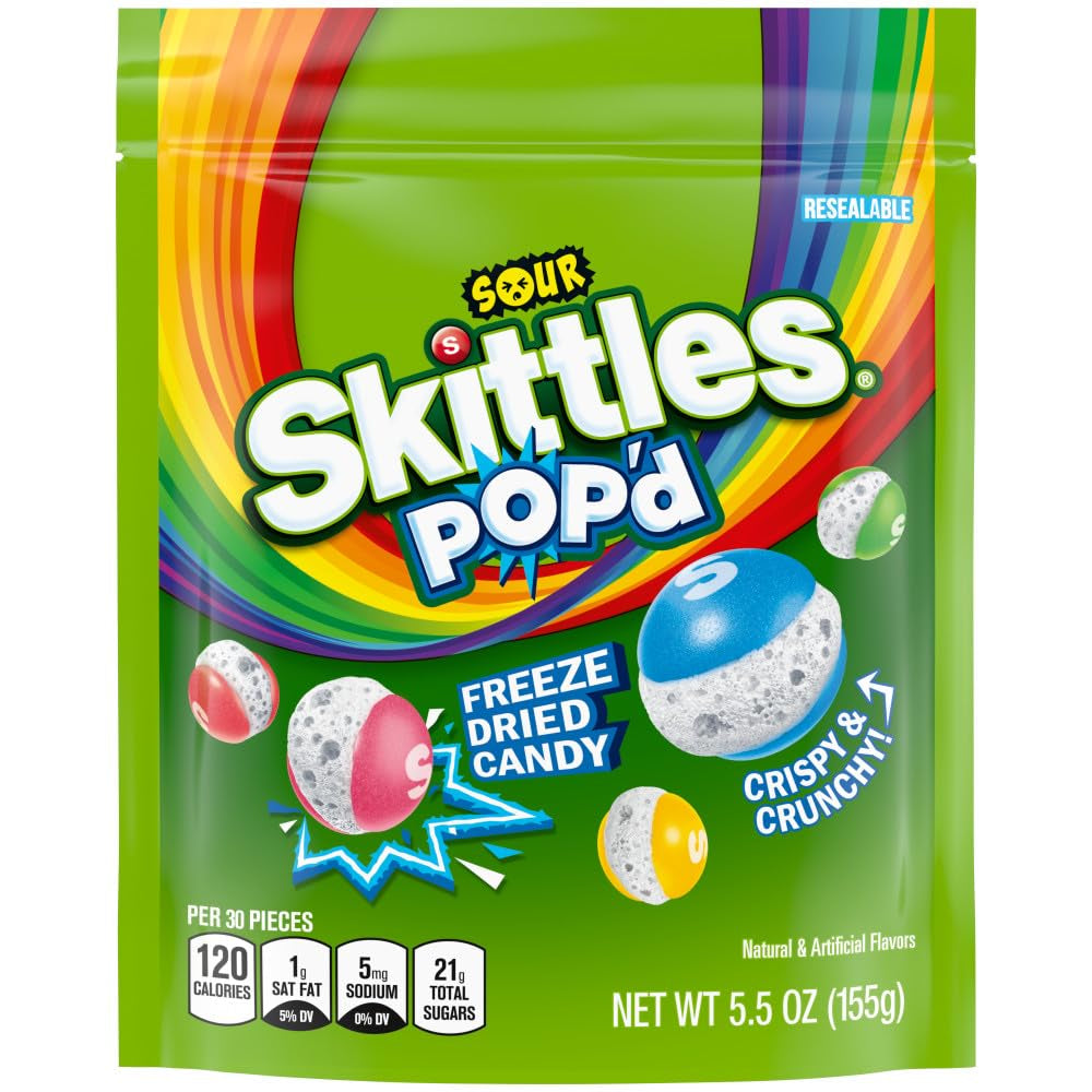 Skittles, Pop'D Sour Freeze Dried Candy Assortment, Resealable, 5.5 Ounce