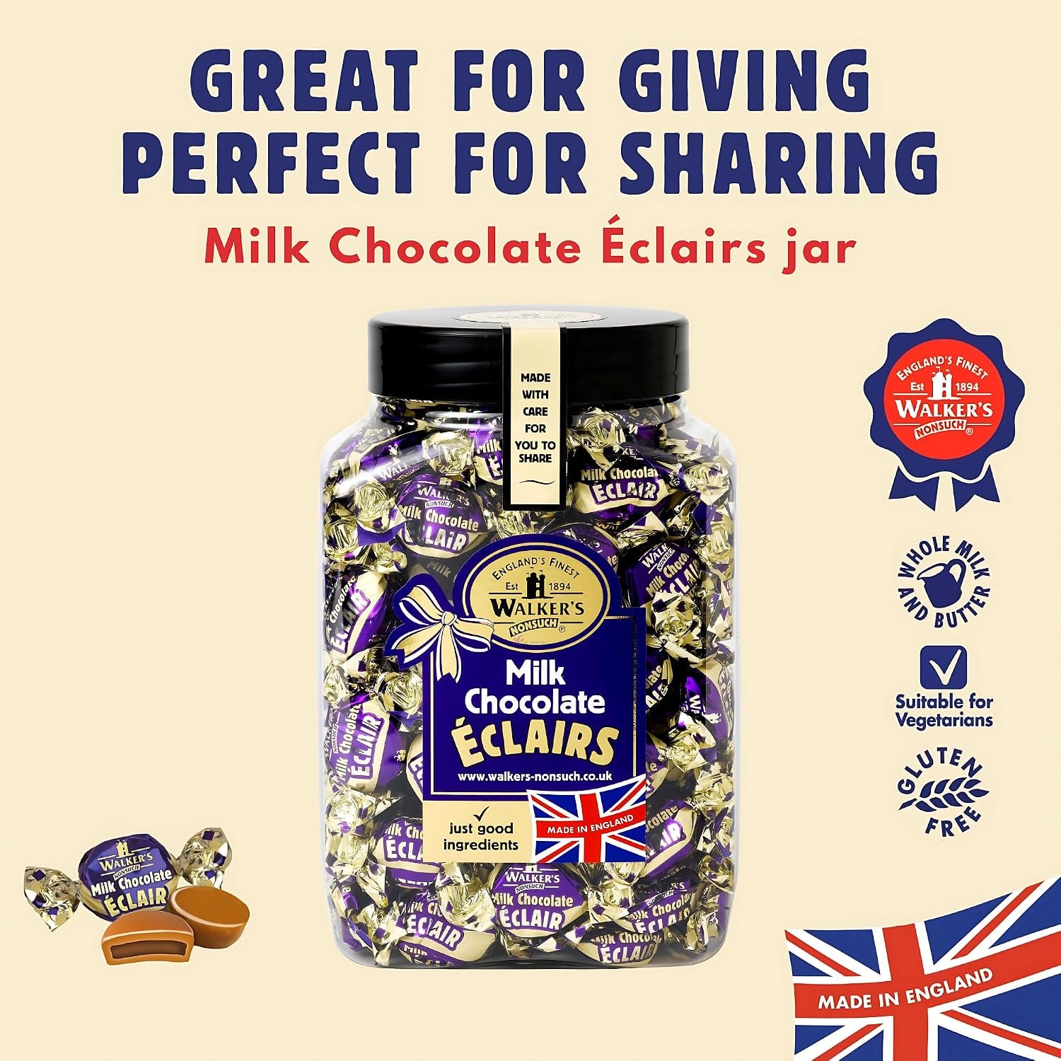 Walkers Nonsuch English Milk Chocolate Toffee Eclairs Jar, Whole Milk & Butter Toffee Sweets – 44.09 Oz (1.25 Kg)