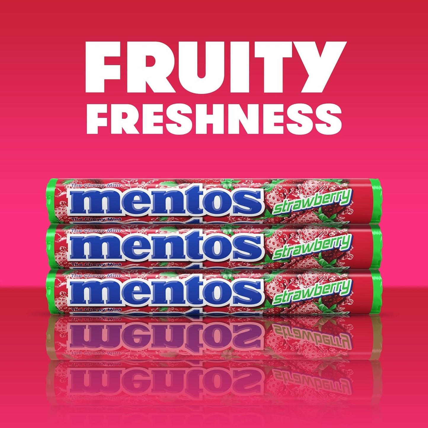 Mentos Chewy Mint Candy Roll, Strawberry, 14 Pieces per Roll, 15 Count Pack