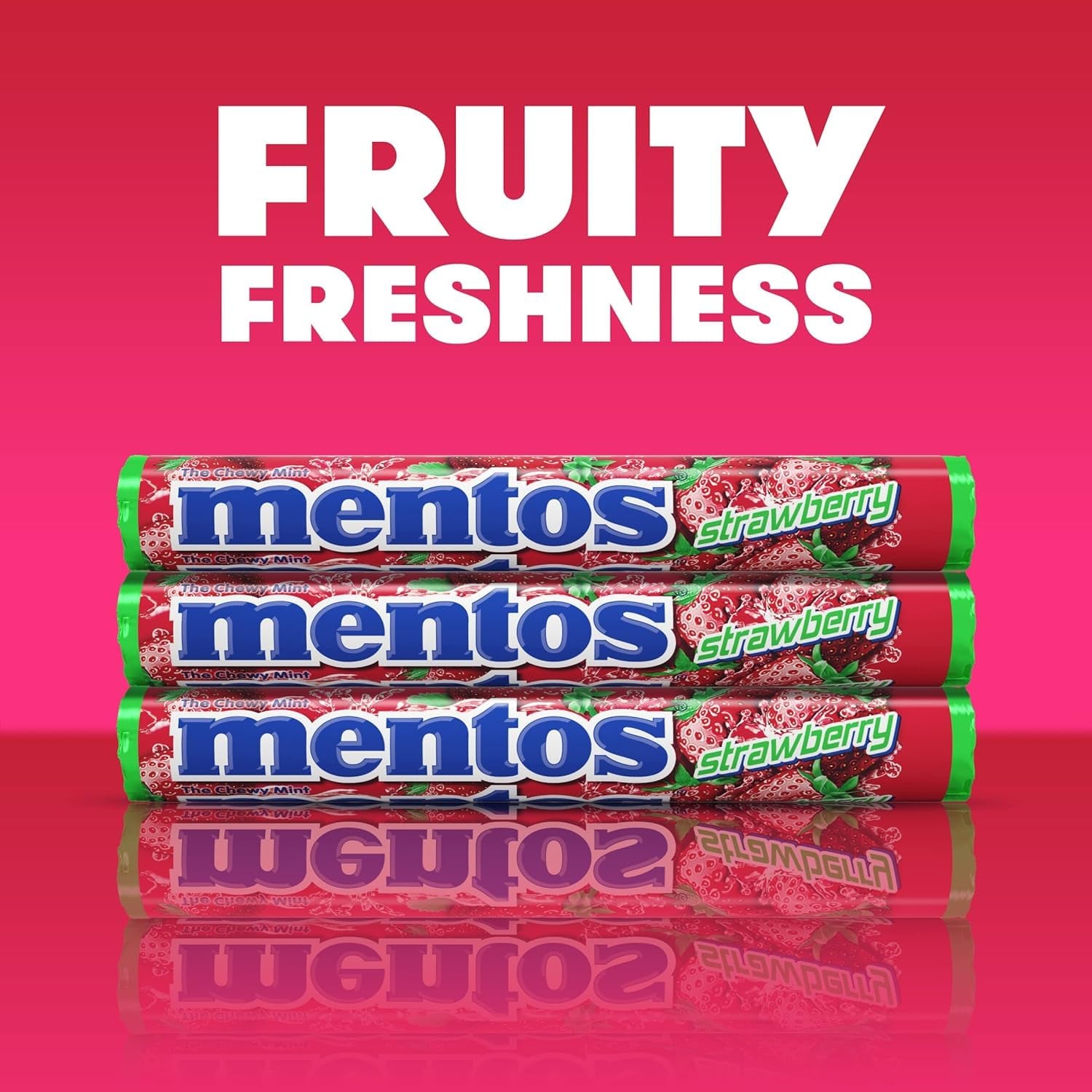 Mentos Chewy Mint Candy Roll, Strawberry, 14 Pieces per Roll, 15 Count Pack