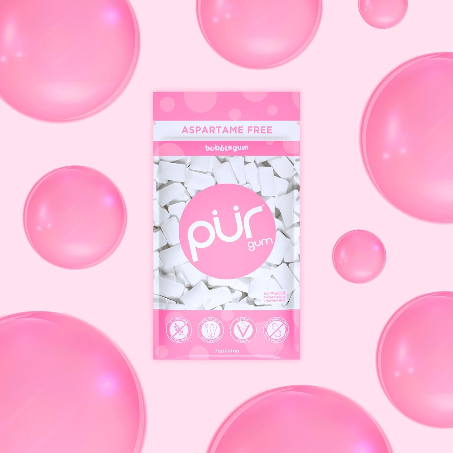 PUR Gum | Aspartame Free Chewing Gum | 100% Xylitol | Natural Bubblegum Flavored Gum, 55 Pieces (Pack of 1)