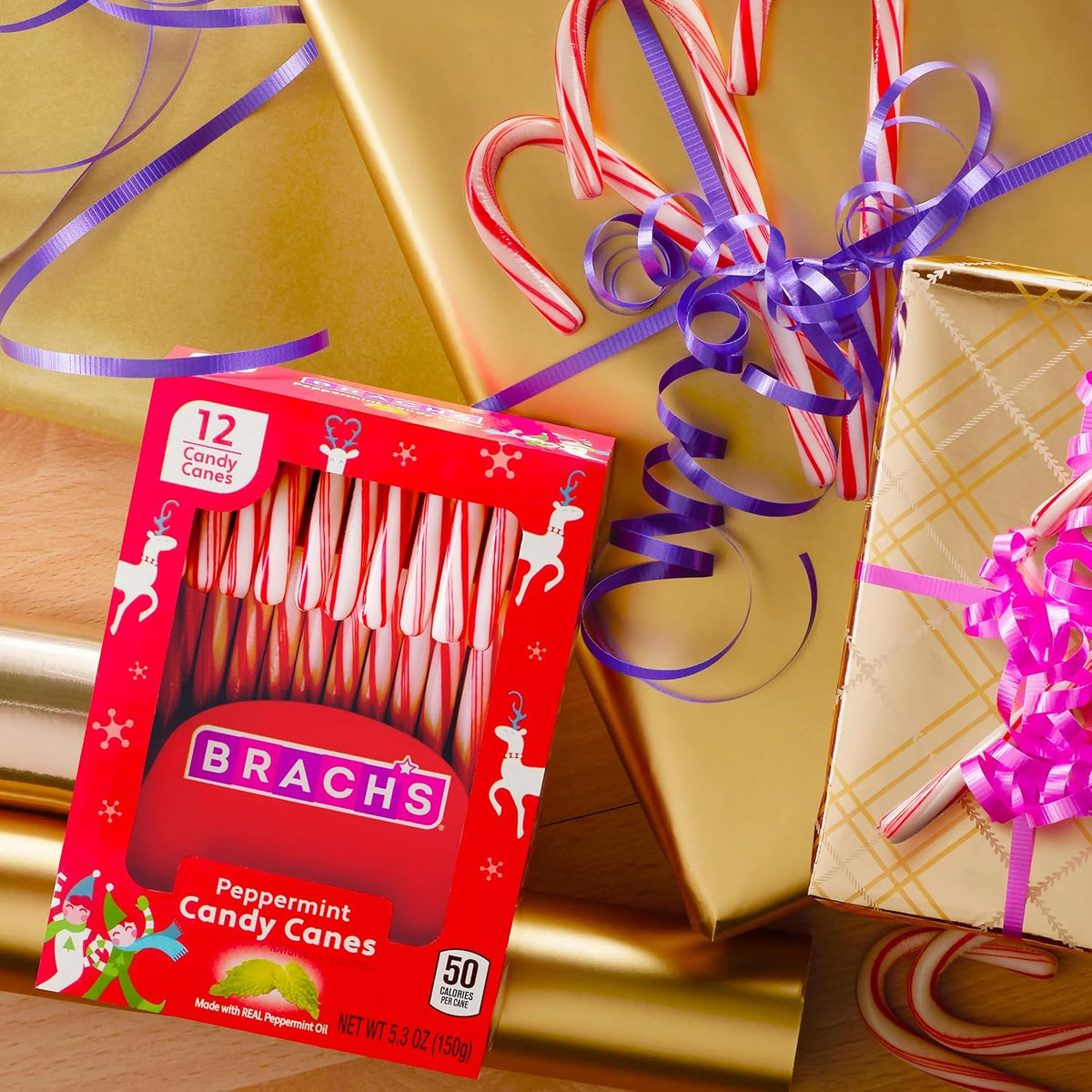 Brach's Red and White Peppermint Candy Canes, Classic Candy Canes, Christmas Candy, 5.3 Oz, 12 Count