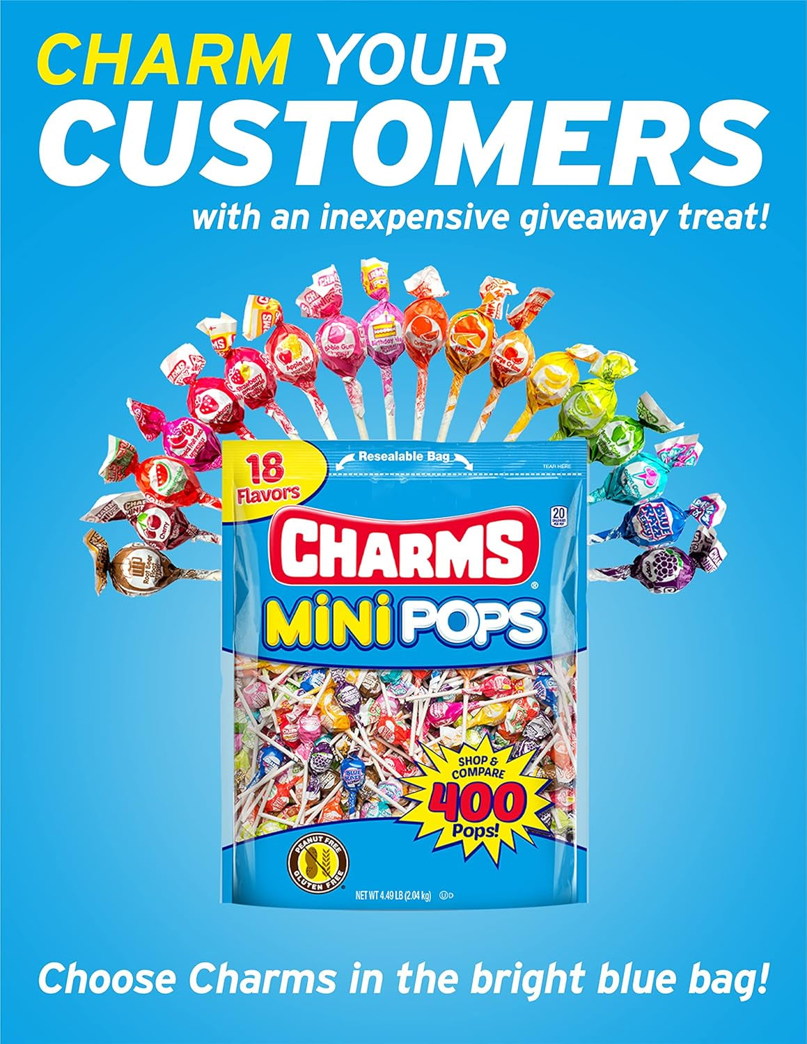 Charms Mini Pops Lollipops, Assorted Flavors, 400 Count (Pack of 1)
