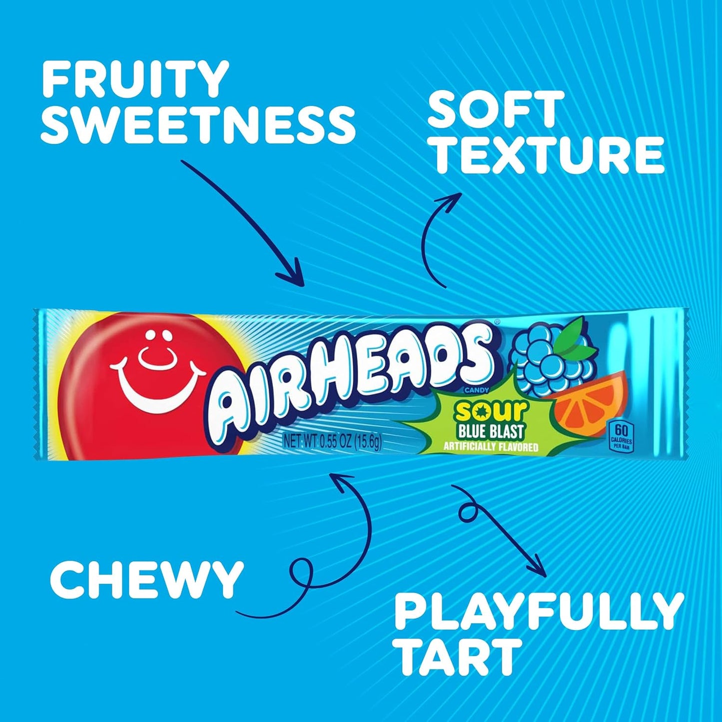 Airheads SOUR Candy Bars, Sour Blue Blast Flavored, Bulk, Pack of 36 Bars