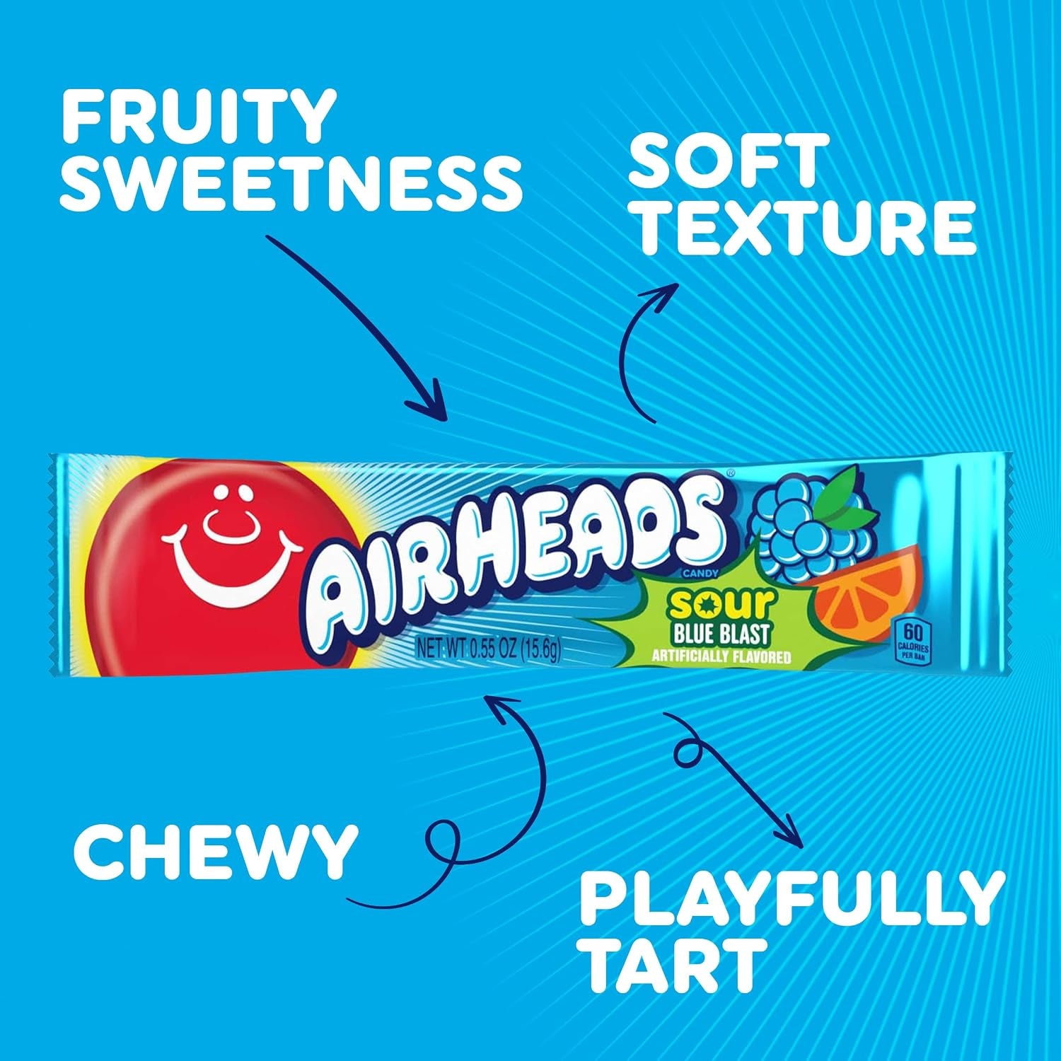Airheads SOUR Candy Bars, Sour Blue Blast Flavored, Bulk, Pack of 36 Bars