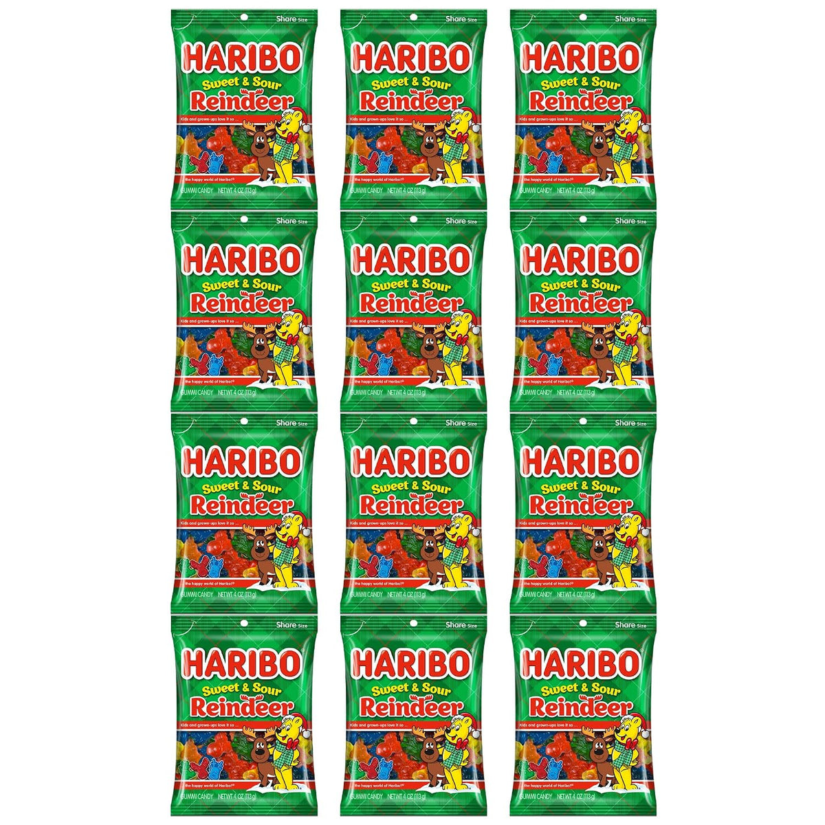 Haribo Sweet and Sour Reindeer, Assorted Fruit Flavored Gummy Candies, 4 Ounces (Pack of 12)