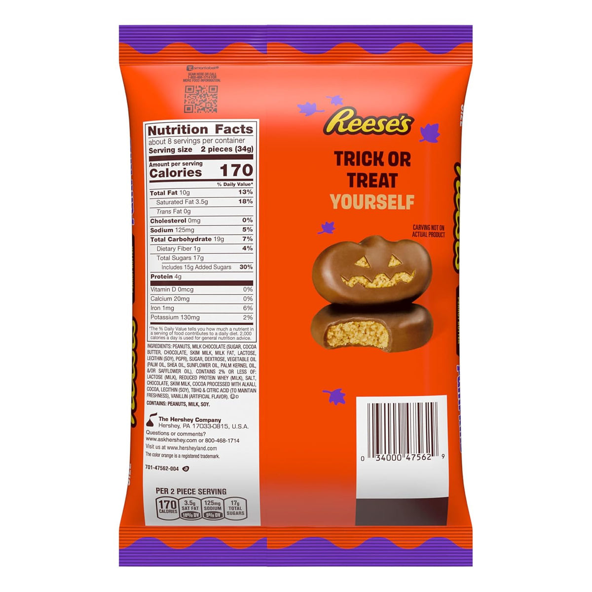 REESE'S Milk Chocolate Snack Size Peanut Butter Pumpkins, Candy Bag, 9.6 Oz
