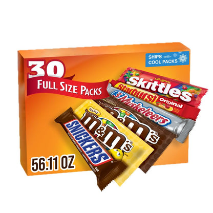 M&M'S, SNICKERS, 3 MUSKETEERS, SKITTLES & STARBURST Variety Pack Full Size Bulk Candy Assortment, 30 Bars