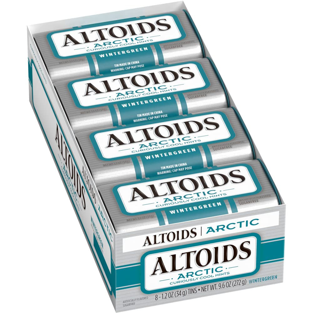 ALTOIDS Arctic Wintergreen Breath Mints Sugar Free Hard Candy Bulk, 1.2 Oz Tin (8 Pack)