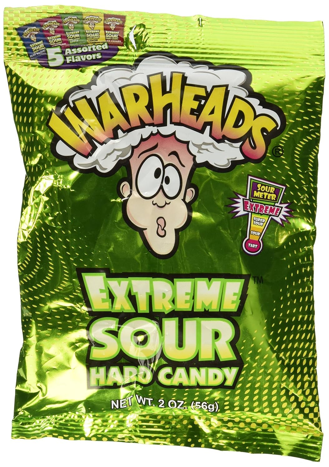 WARHEADS - Extreme Sour Hard Candy - Sour Apple, Black Cherry, Blue Raspberry, Lemon & Watermelon Flavors - 2 Oz. Bag