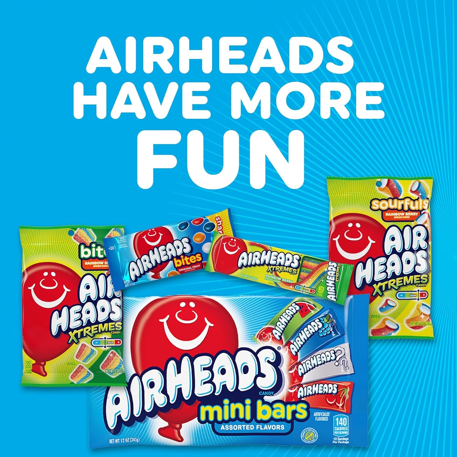 Airheads Full-Size Candy Bars, Taffy Candy Pack, Individually Wrapped Bulk Candy, Blue Raspberry Flavor, 36 Count Box