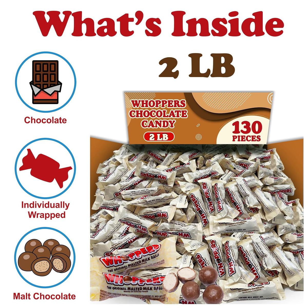 Whoopers Malted Milk Chocolate Candy Balls, 2 Lbs Bulk, Individually Wrapped Fun Size Packs, 3 Balls per Pack, Appx 130 Packs