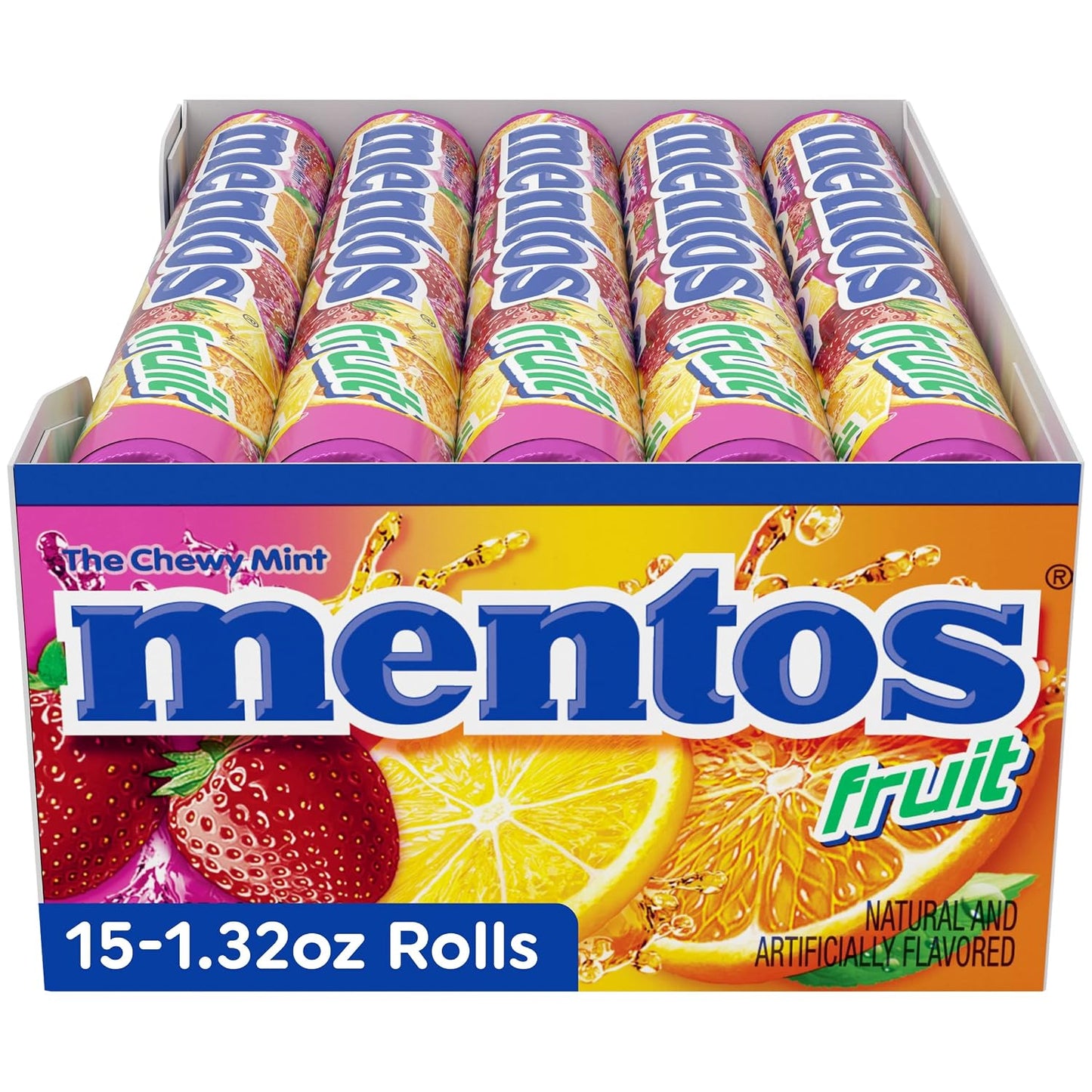 Mentos Chewy Mint Candy Roll, Fruit, 14 Pieces per Roll, 15 Count Pack